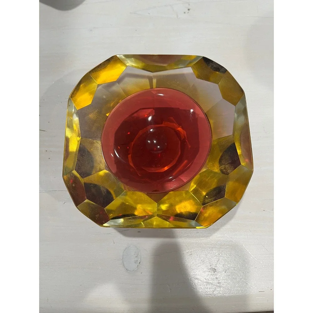Vintage Murano‎ Sommerso Glass Ashtray Bowl Red Amber Geode Faceted